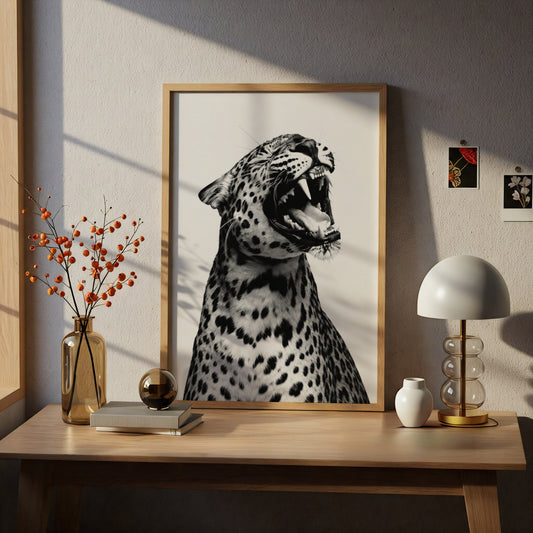 Roaring Leopard Poster, Black and White Wall Art, Animal Art Print, Monochrome Wildlife Photography — styling mockup 5