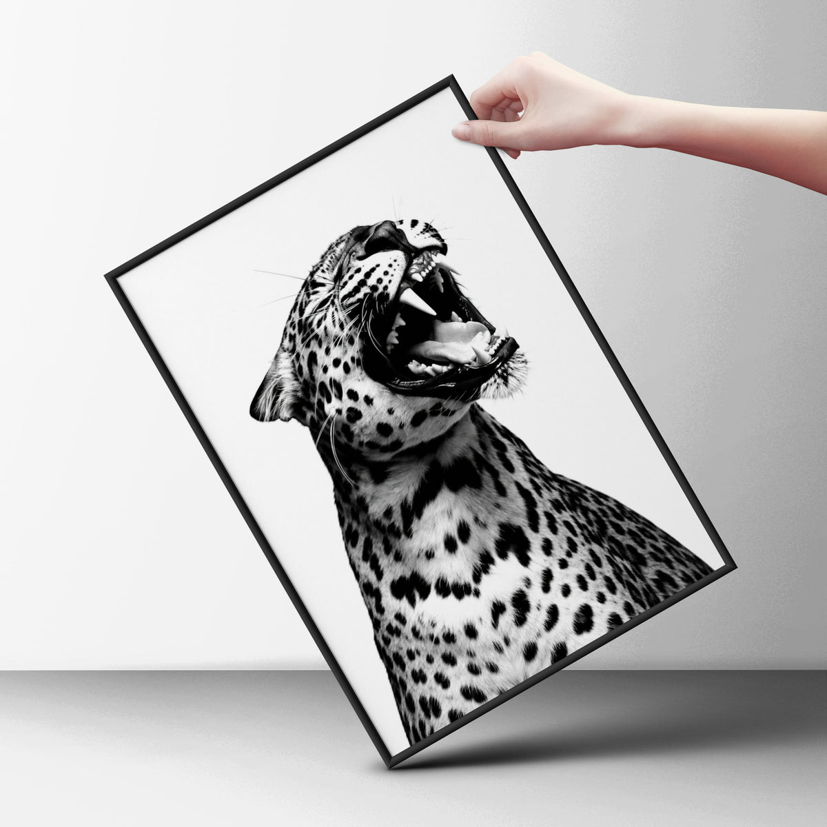 Roaring Leopard Poster, Black and White Wall Art, Animal Art Print, Monochrome Wildlife Photography — styling mockup 6