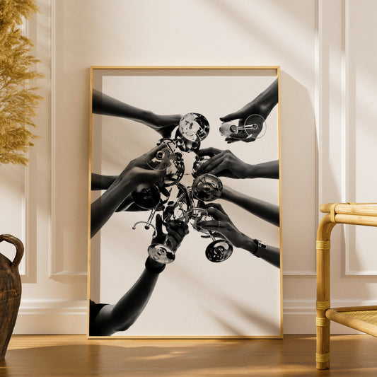 Black and White Cheers Poster, Champagne Toast Wall Art, Hands Raising Glasses — styling mockup 1
