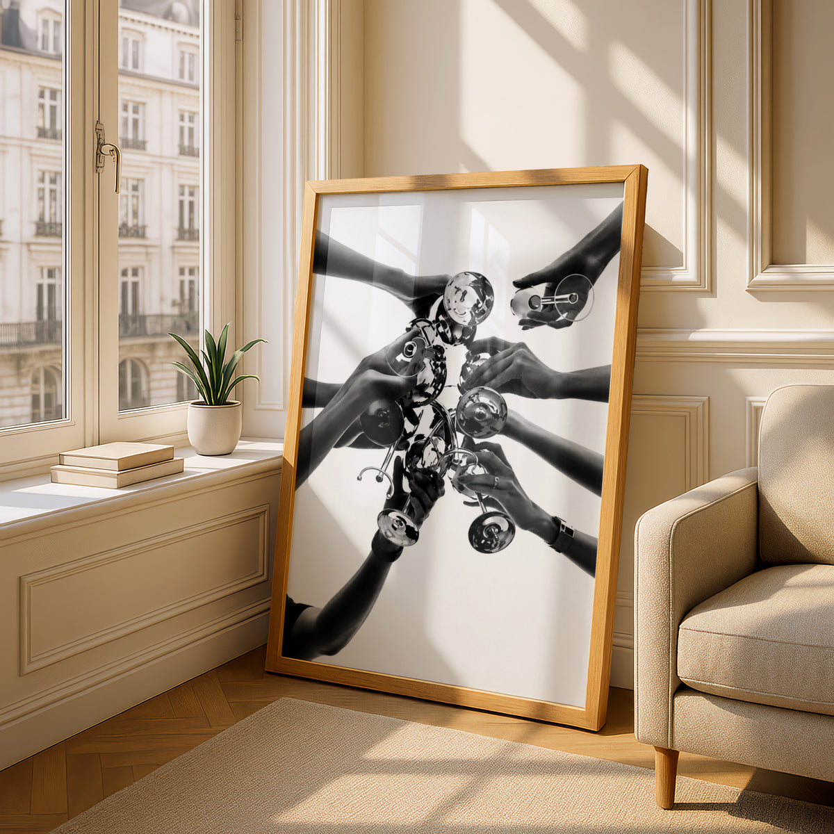 Black and White Cheers Poster, Champagne Toast Wall Art, Hands Raising Glasses — styling mockup 4