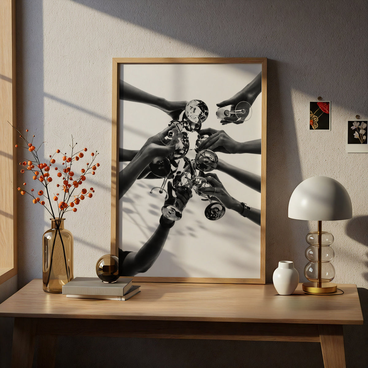 Black and White Cheers Poster, Champagne Toast Wall Art, Hands Raising Glasses — styling mockup 5
