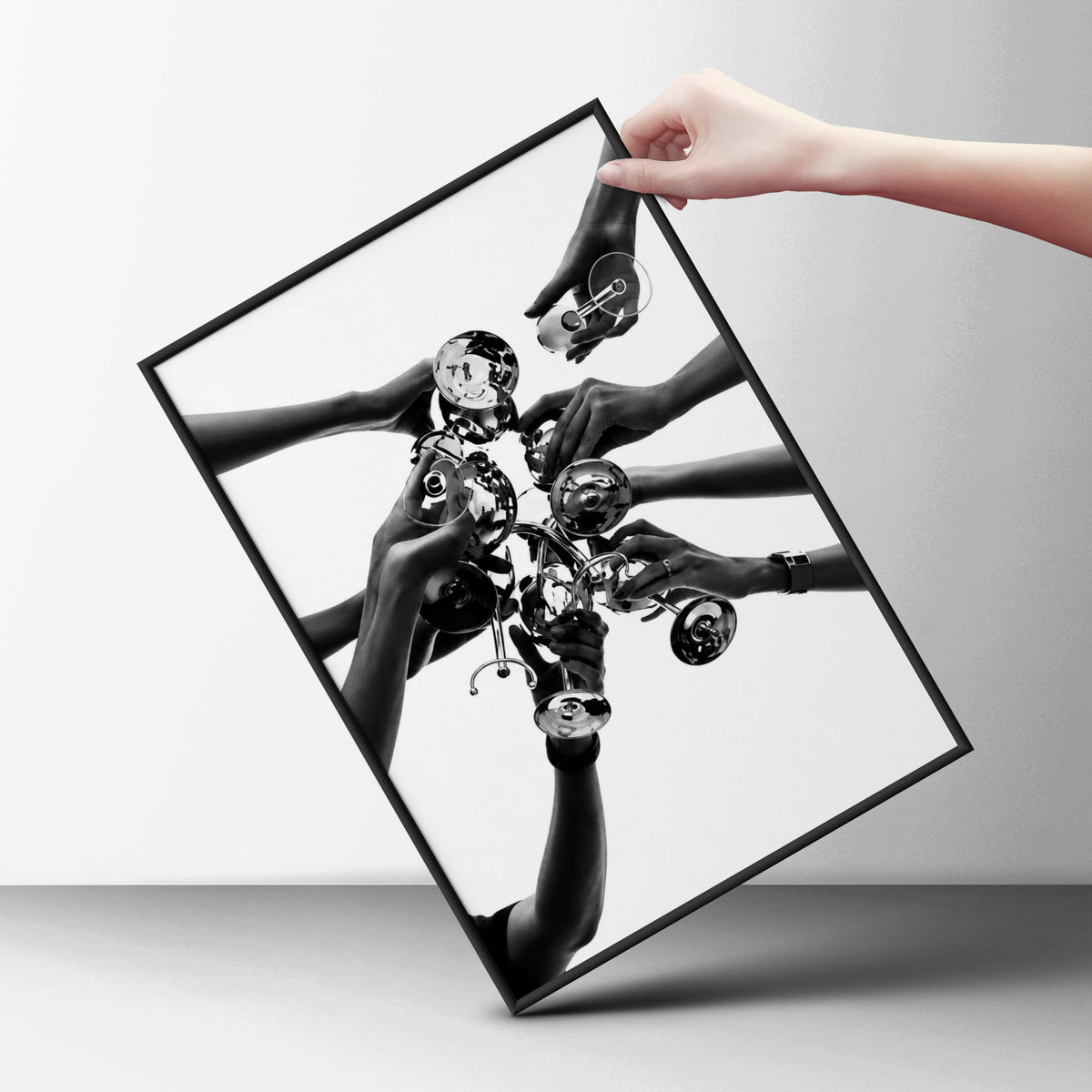 Black and White Cheers Poster, Champagne Toast Wall Art, Hands Raising Glasses — styling mockup 6