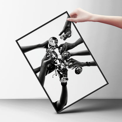Black and White Cheers Poster, Champagne Toast Wall Art, Hands Raising Glasses — styling mockup 6