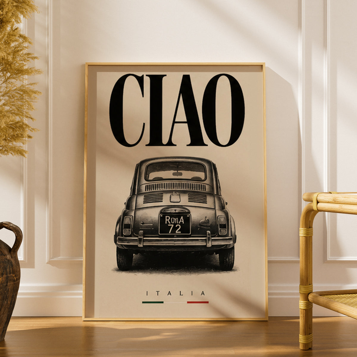 Ciao Italia Classic Car Poster, Vintage Italian Wall Art, Retro Black and Cream Typography Print — styling mockup 1