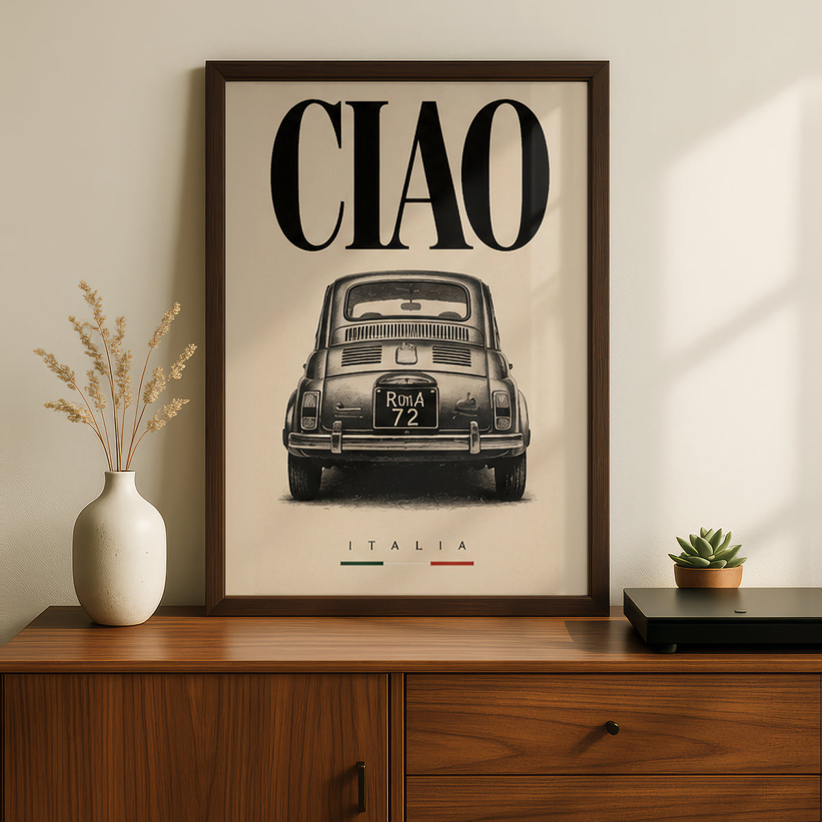Ciao Italia Classic Car Poster, Vintage Italian Wall Art, Retro Black and Cream Typography Print — styling mockup 2