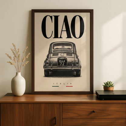 Ciao Italia Classic Car Poster, Vintage Italian Wall Art, Retro Black and Cream Typography Print — styling mockup 2