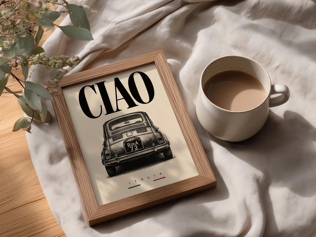 Ciao Italia Classic Car Poster, Vintage Italian Wall Art, Retro Black and Cream Typography Print — styling mockup 3