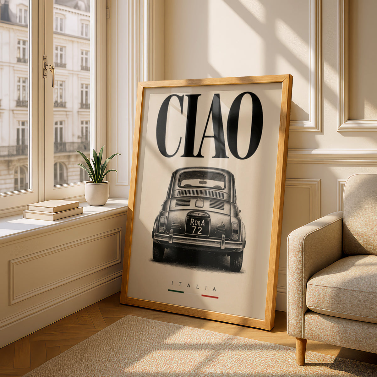 Ciao Italia Classic Car Poster, Vintage Italian Wall Art, Retro Black and Cream Typography Print — styling mockup 4
