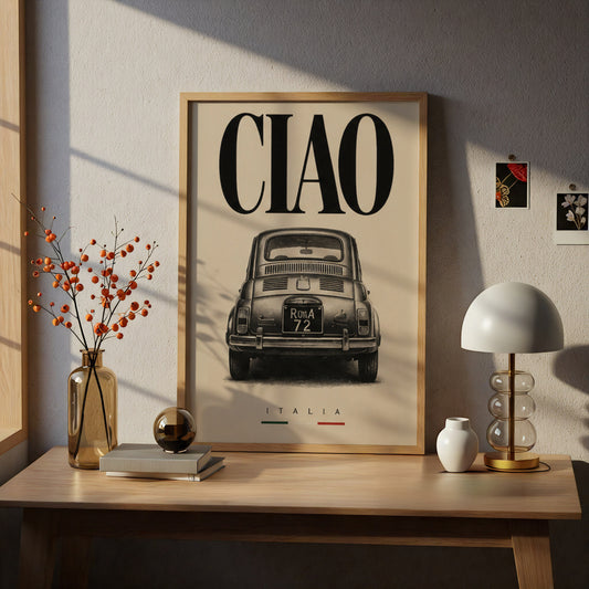 Ciao Italia Classic Car Poster, Vintage Italian Wall Art, Retro Black and Cream Typography Print — styling mockup 5