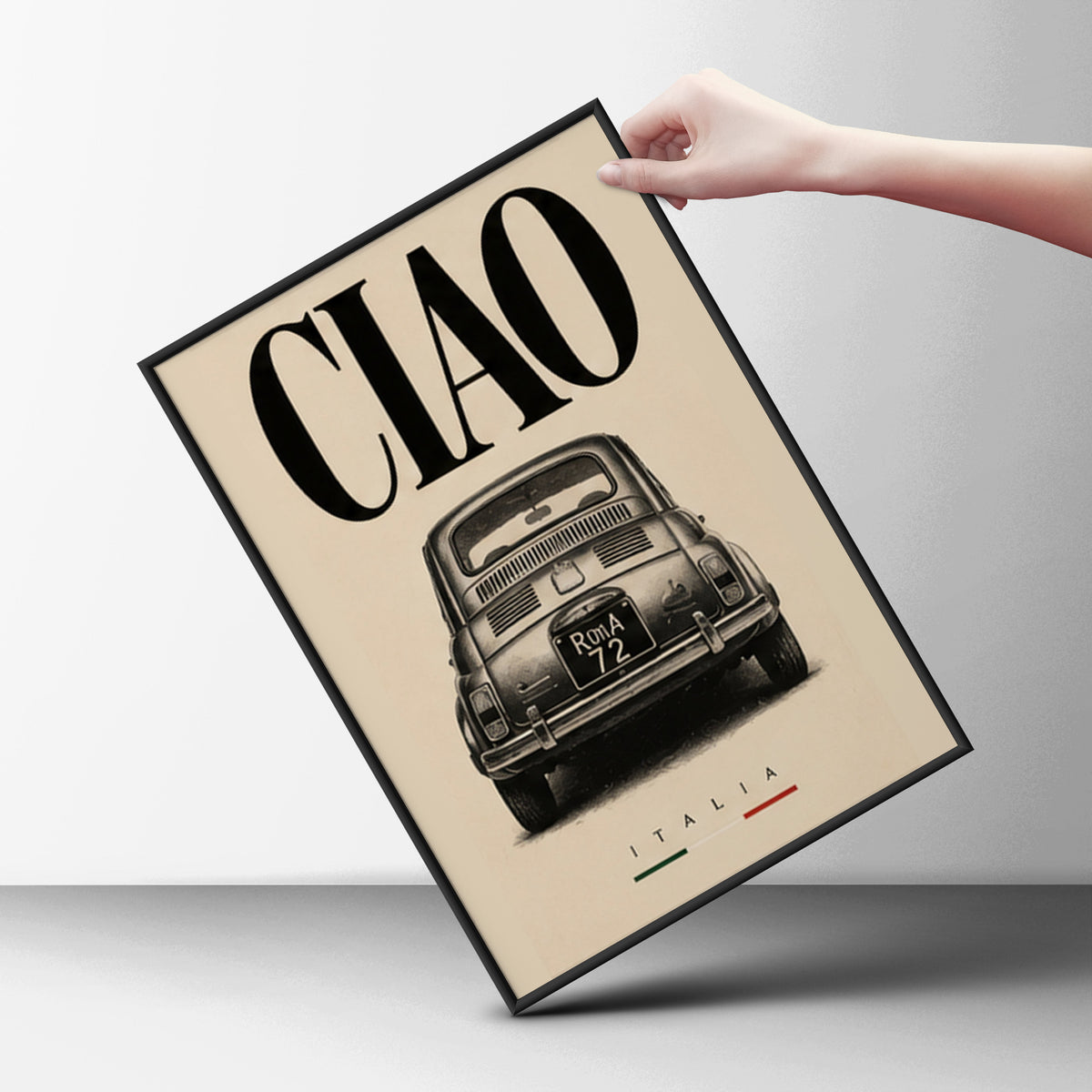 Ciao Italia Classic Car Poster, Vintage Italian Wall Art, Retro Black and Cream Typography Print — styling mockup 6