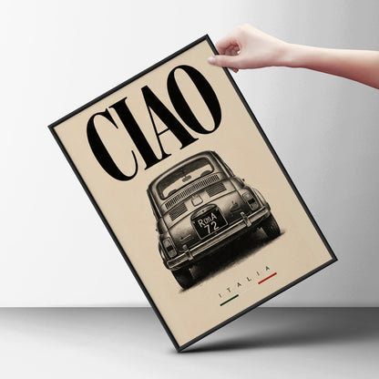 Ciao Italia Classic Car Poster, Vintage Italian Wall Art, Retro Black and Cream Typography Print — styling mockup 6