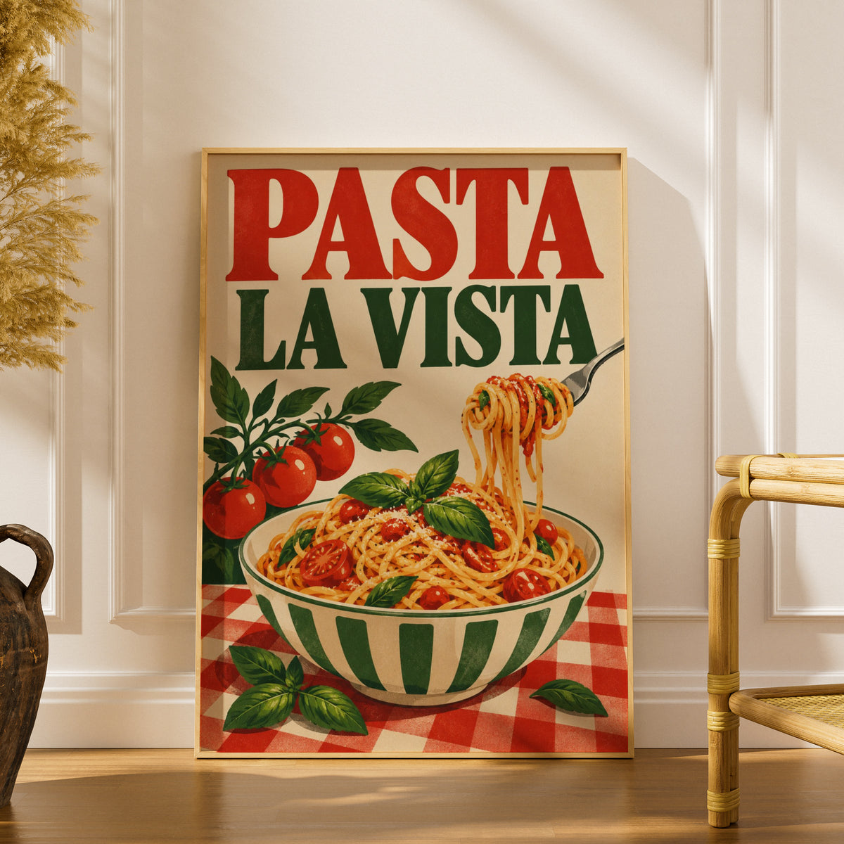 Pasta La Vista Kitchen Poster, Retro Italian Food Wall Art Print — styling mockup 1