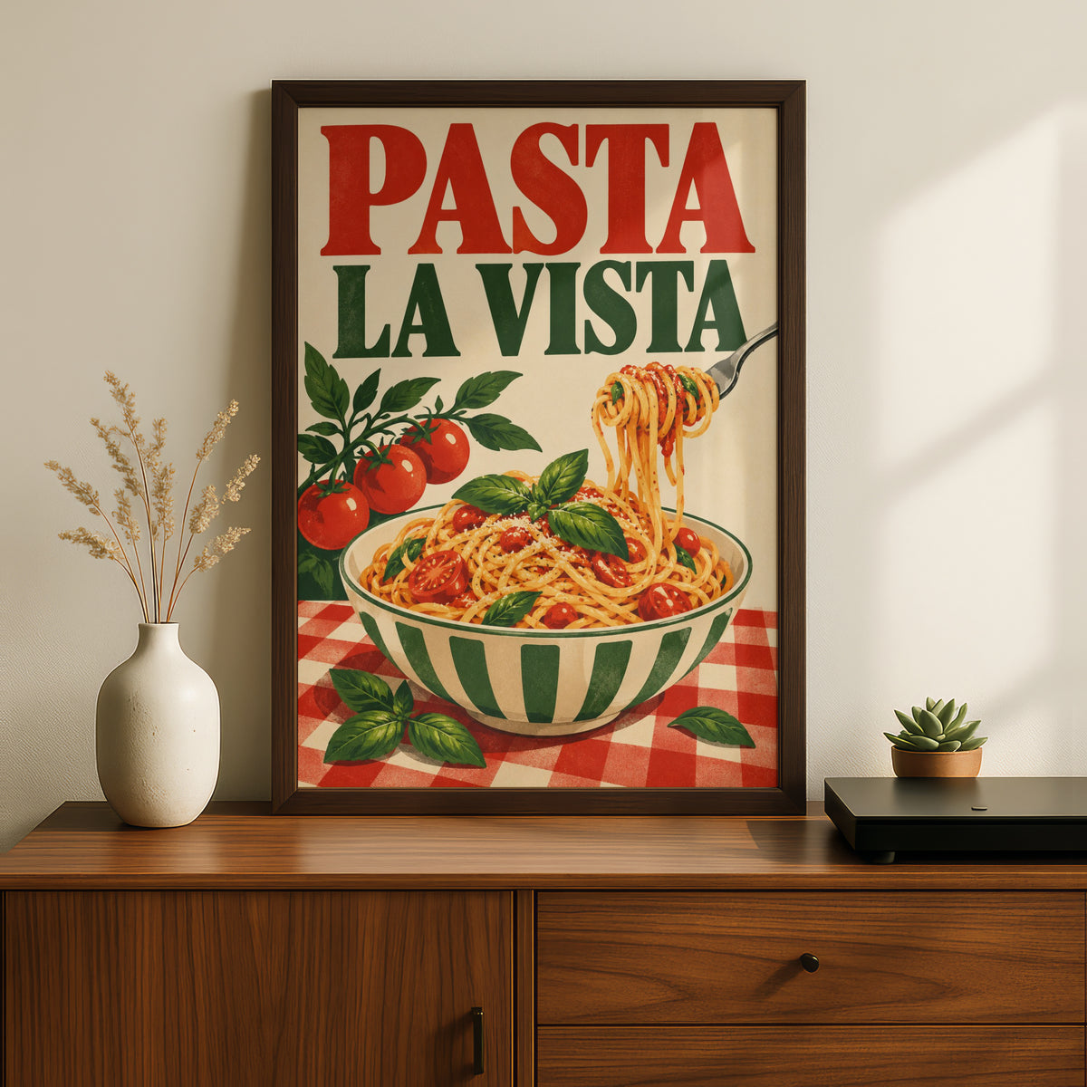Pasta La Vista Kitchen Poster, Retro Italian Food Wall Art Print — styling mockup 2