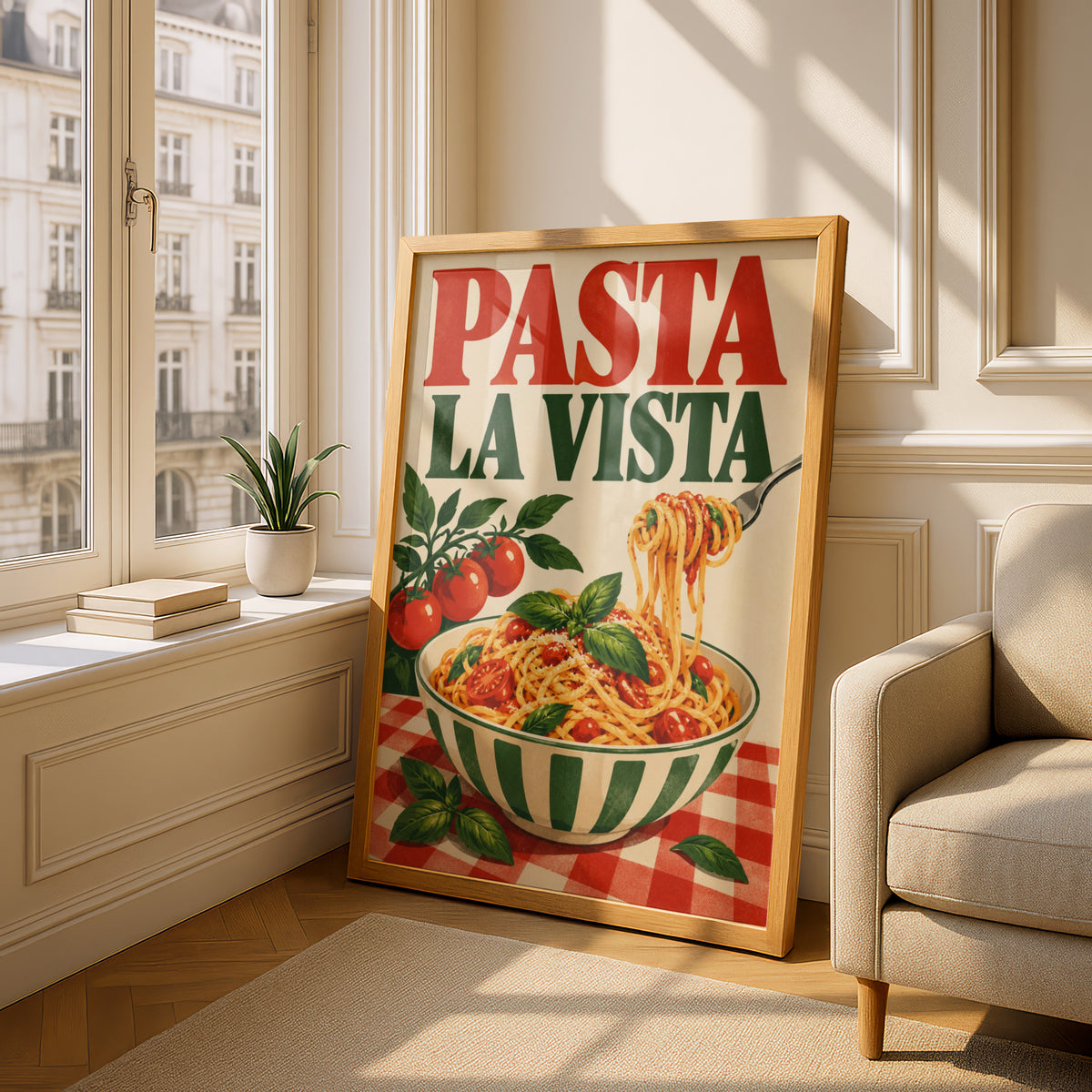 Pasta La Vista Kitchen Poster, Retro Italian Food Wall Art Print — styling mockup 4