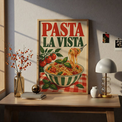 Pasta La Vista Kitchen Poster, Retro Italian Food Wall Art Print — styling mockup 5