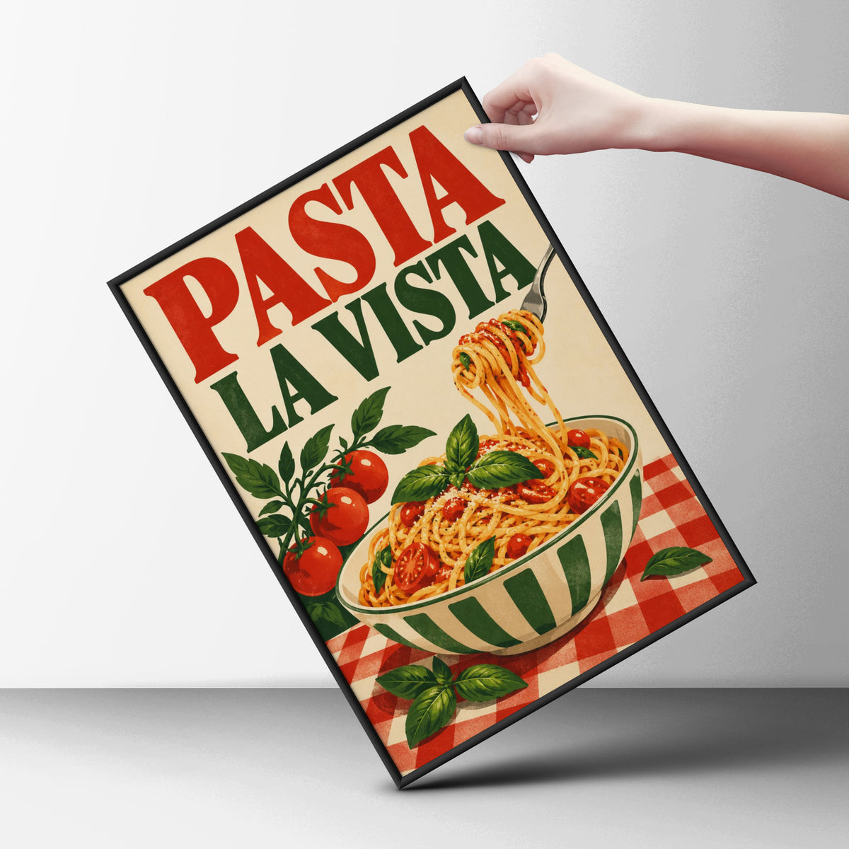 Pasta La Vista Kitchen Poster, Retro Italian Food Wall Art Print — styling mockup 6