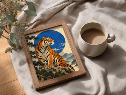 Tiger Poster, Japanese Woodblock Style Wall Art, Blue Moon Art Print, Pine Tree Mountain Landscape — styling mockup 3