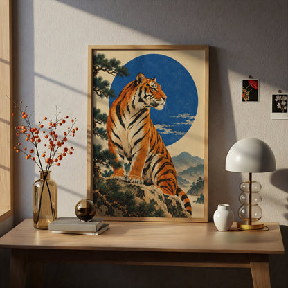Tiger Poster, Japanese Woodblock Style Wall Art, Blue Moon Art Print, Pine Tree Mountain Landscape — styling mockup 5