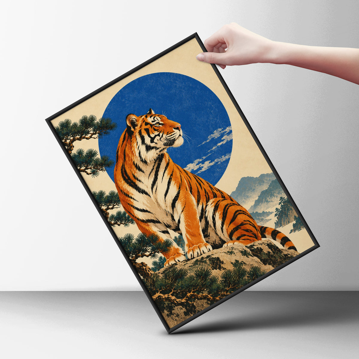 Tiger Poster, Japanese Woodblock Style Wall Art, Blue Moon Art Print, Pine Tree Mountain Landscape — styling mockup 6