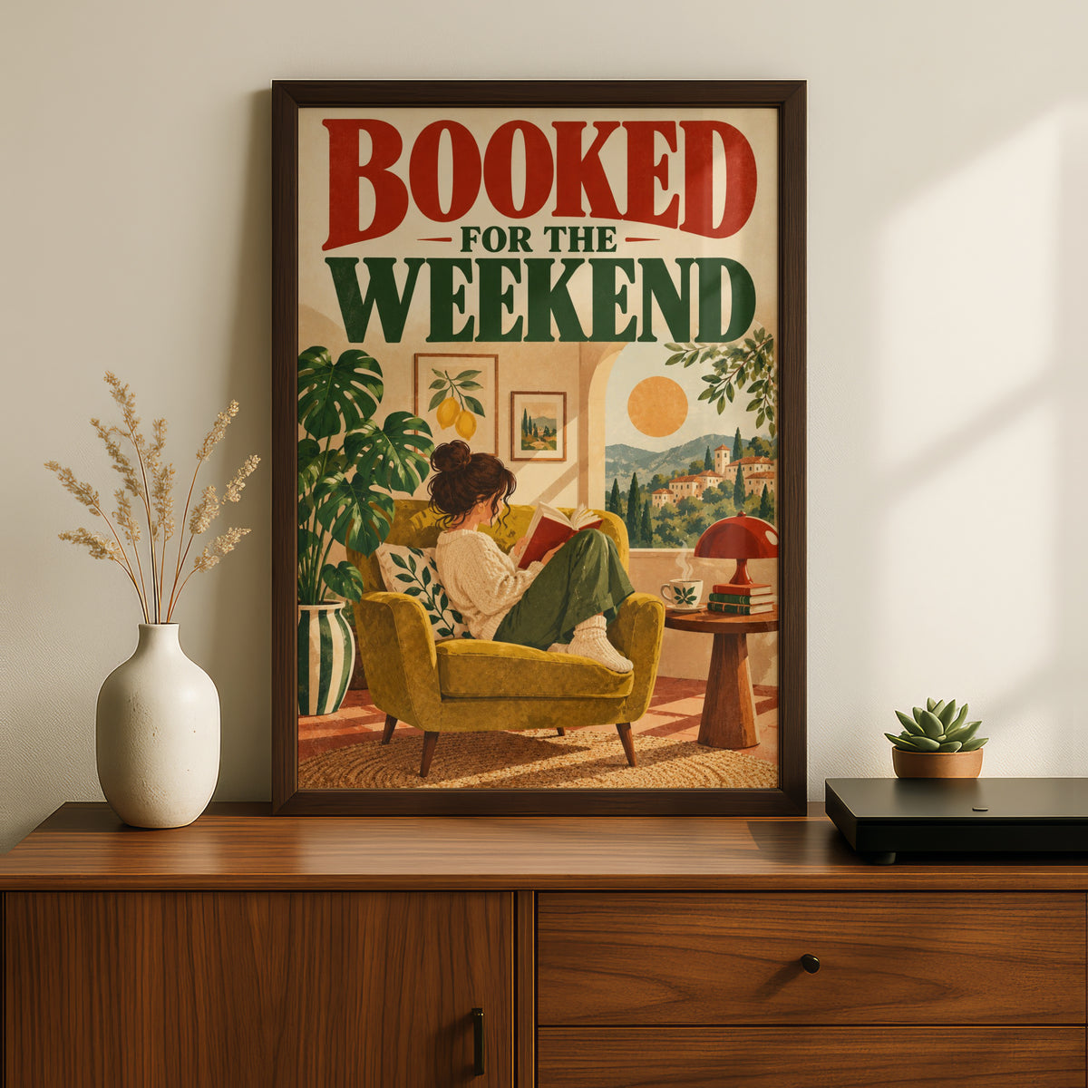 Booked For The Weekend Poster, Reading Nook Wall Art, Book Lover Print, Retro Tuscan Illustration — styling mockup 2