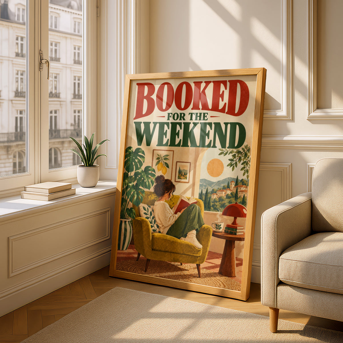 Booked For The Weekend Poster, Reading Nook Wall Art, Book Lover Print, Retro Tuscan Illustration — styling mockup 4