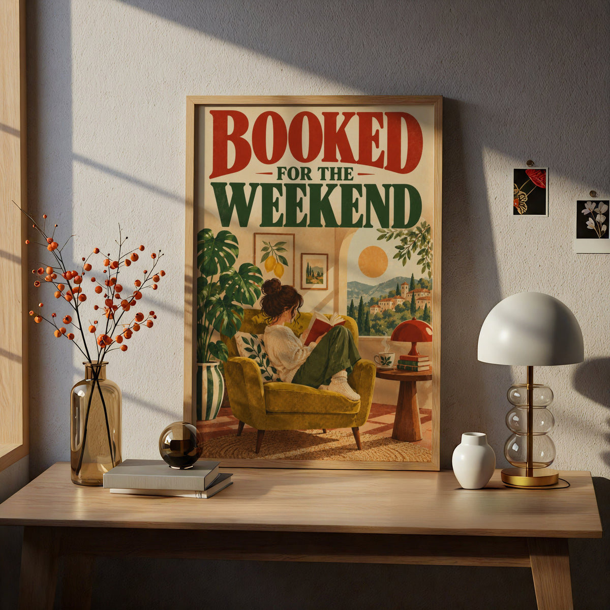 Booked For The Weekend Poster, Reading Nook Wall Art, Book Lover Print, Retro Tuscan Illustration — styling mockup 5