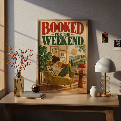 Booked For The Weekend Poster, Reading Nook Wall Art, Book Lover Print, Retro Tuscan Illustration — styling mockup 5