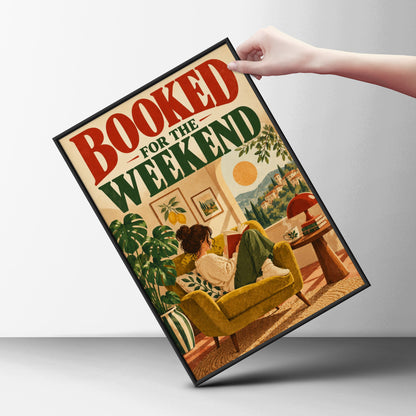 Booked For The Weekend Poster, Reading Nook Wall Art, Book Lover Print, Retro Tuscan Illustration — styling mockup 6