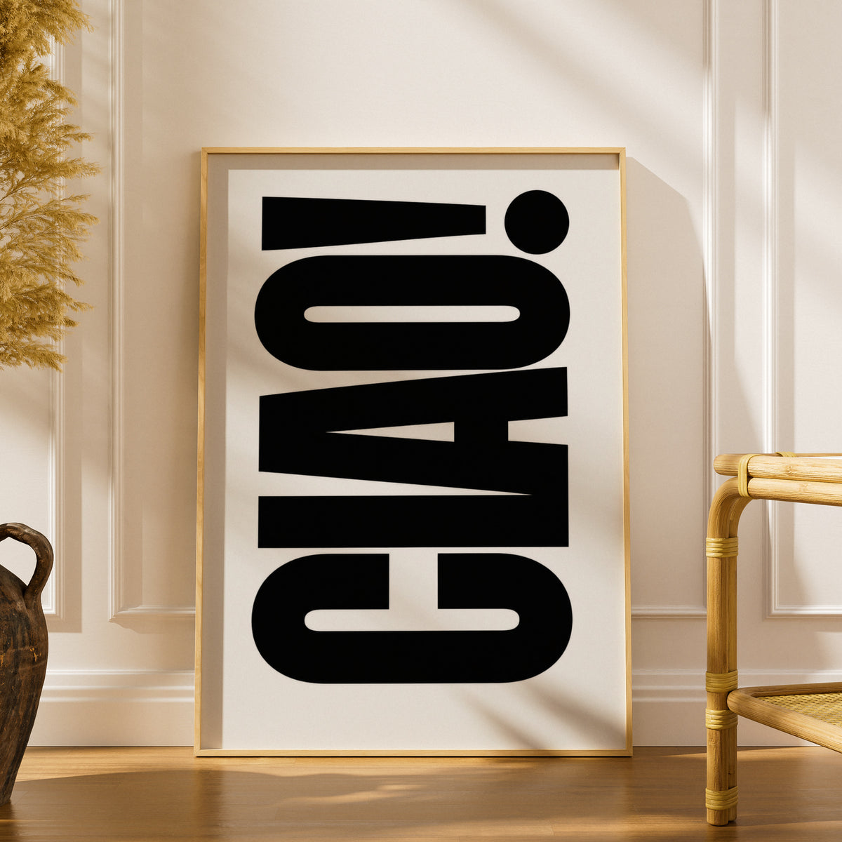 Ciao Typography Poster, Black and White Wall Art, Bold Italian Word Art Print — styling mockup 1