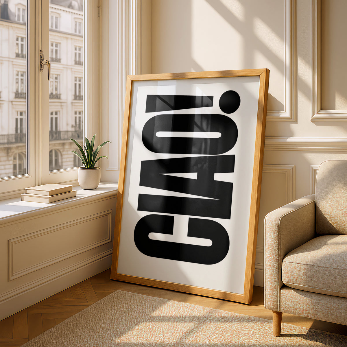 Ciao Typography Poster, Black and White Wall Art, Bold Italian Word Art Print — styling mockup 4