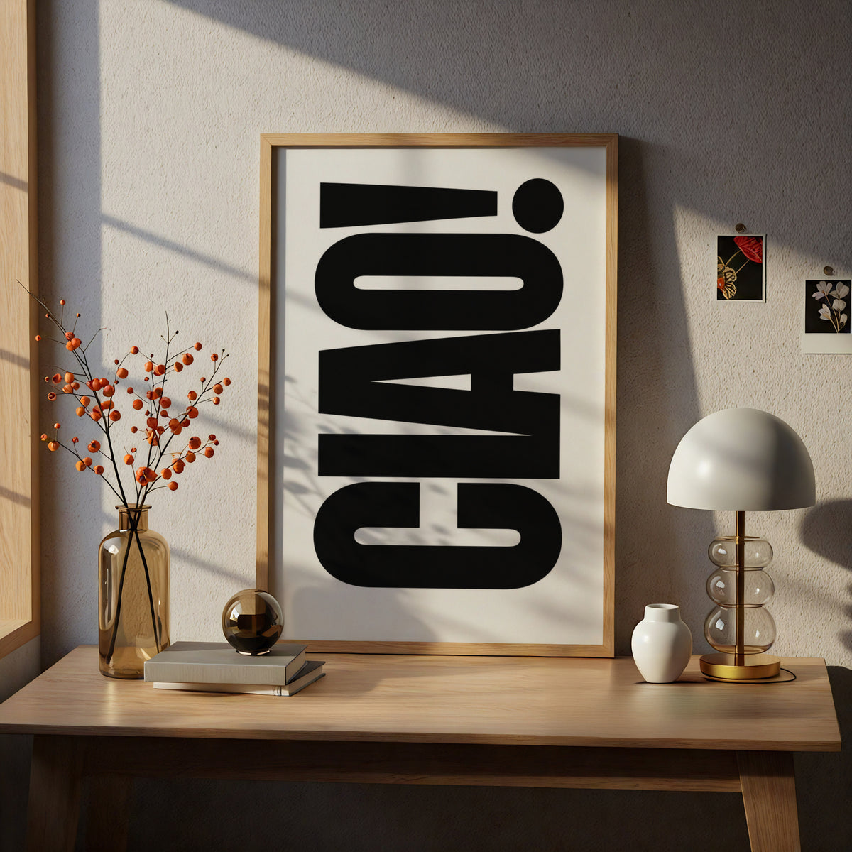Ciao Typography Poster, Black and White Wall Art, Bold Italian Word Art Print — styling mockup 5