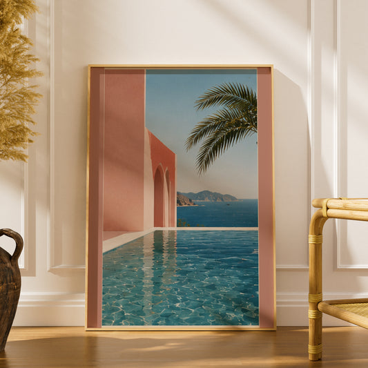 Mediterranean Pool Poster, Terracotta Pink Architecture, Coastal Sea View Wall Art, Palm Tree Print — styling mockup 1