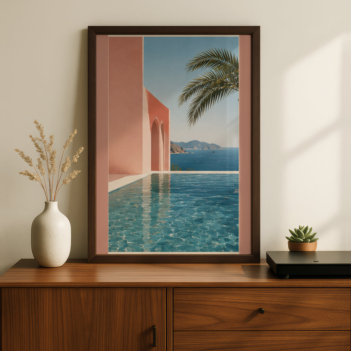 Mediterranean Pool Poster, Terracotta Pink Architecture, Coastal Sea View Wall Art, Palm Tree Print — styling mockup 2
