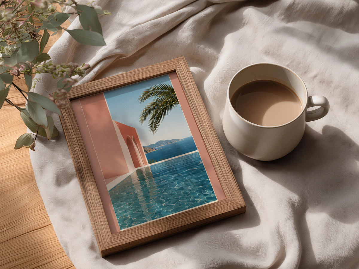 Mediterranean Pool Poster, Terracotta Pink Architecture, Coastal Sea View Wall Art, Palm Tree Print — styling mockup 3