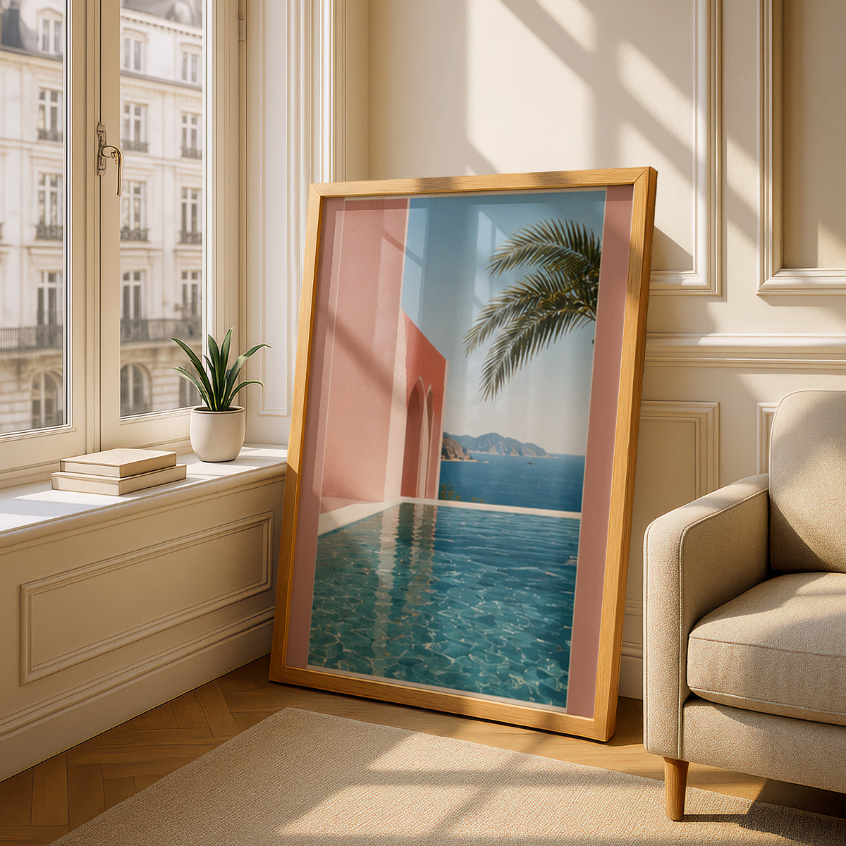 Mediterranean Pool Poster, Terracotta Pink Architecture, Coastal Sea View Wall Art, Palm Tree Print — styling mockup 4
