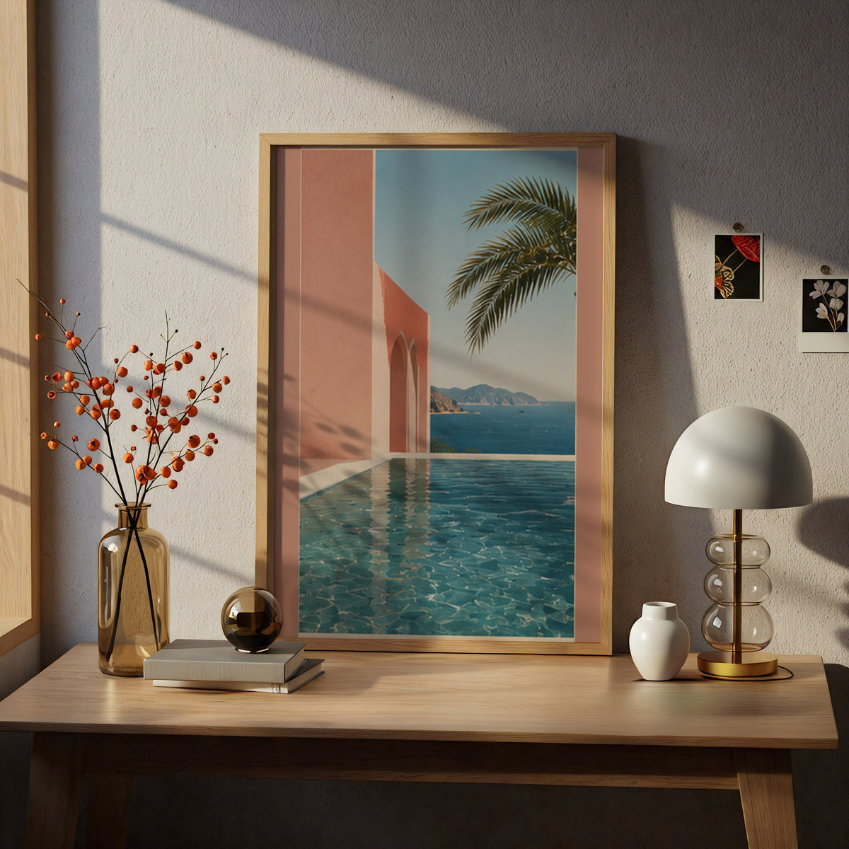 Mediterranean Pool Poster, Terracotta Pink Architecture, Coastal Sea View Wall Art, Palm Tree Print — styling mockup 5