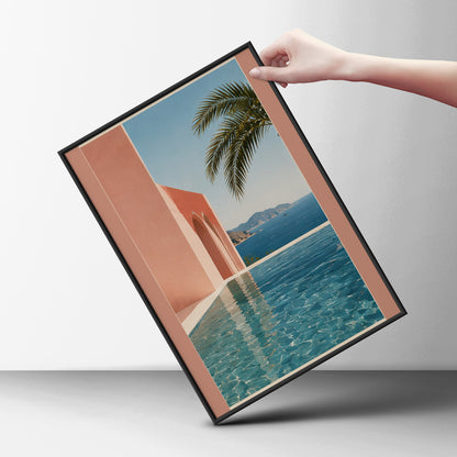 Mediterranean Pool Poster, Terracotta Pink Architecture, Coastal Sea View Wall Art, Palm Tree Print — styling mockup 6