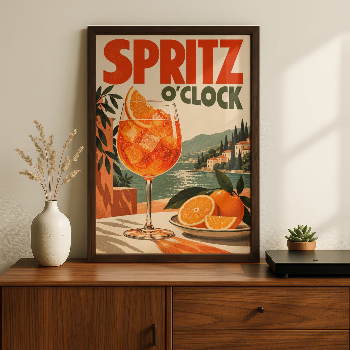 Spritz O'Clock Retro Cocktail Poster, Vintage Italian Lakeside Wall Art Print — styling mockup 2