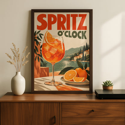 Spritz O'Clock Retro Cocktail Poster, Vintage Italian Lakeside Wall Art Print — styling mockup 2