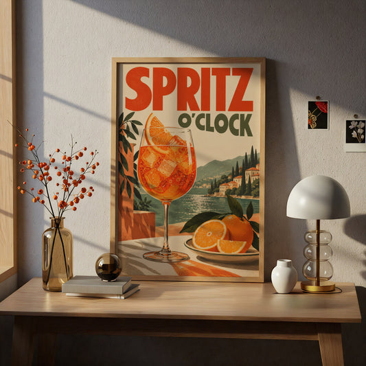 Spritz O'Clock Retro Cocktail Poster, Vintage Italian Lakeside Wall Art Print — styling mockup 5