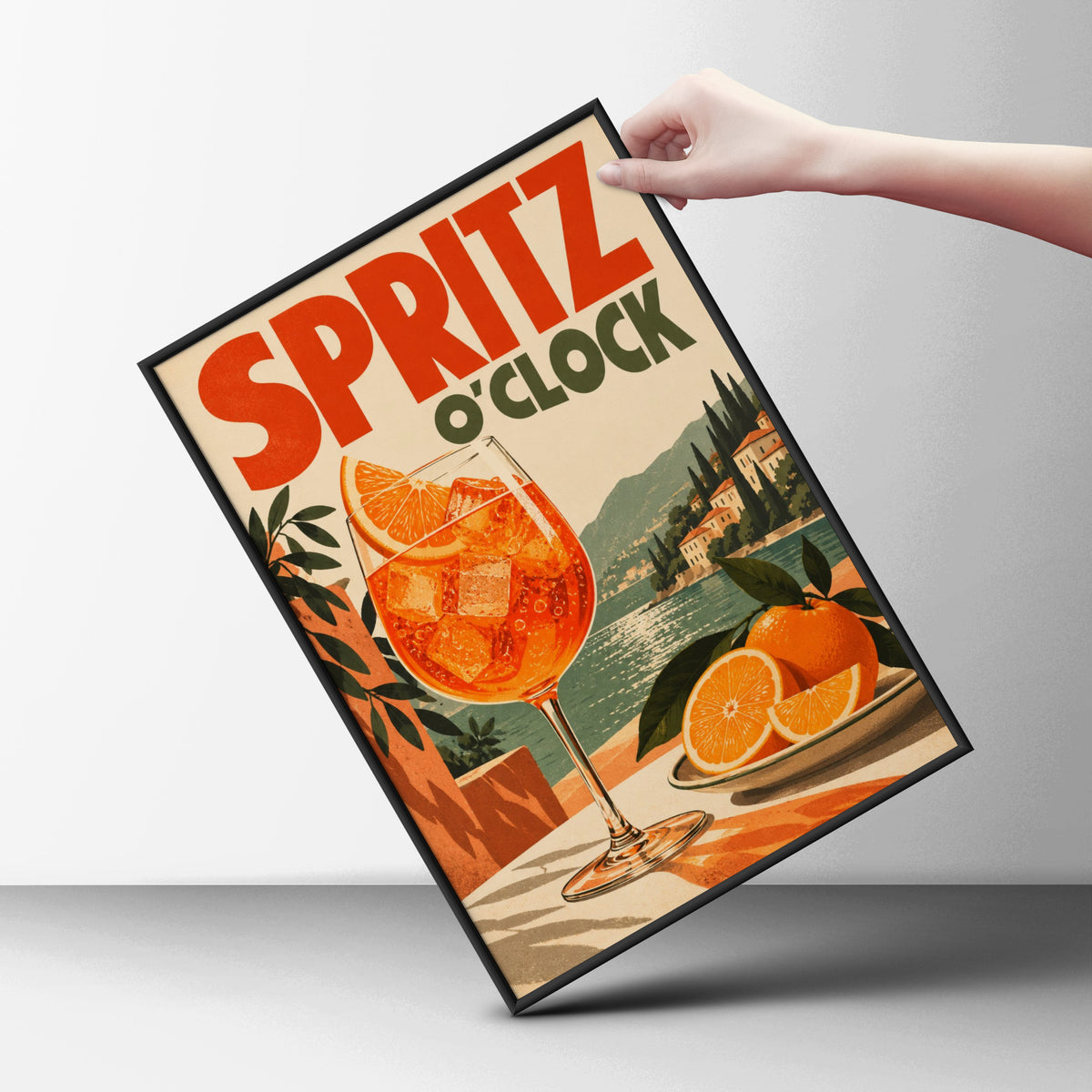 Spritz O'Clock Retro Cocktail Poster, Vintage Italian Lakeside Wall Art Print — styling mockup 6