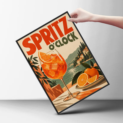 Spritz O'Clock Retro Cocktail Poster, Vintage Italian Lakeside Wall Art Print — styling mockup 6