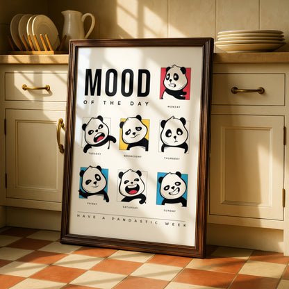 Panda Cartoon Poster, Mood of the Day Funny Wall Art, Days of the Week Print, Quirky Bedroom Decor — styled room mockup 2