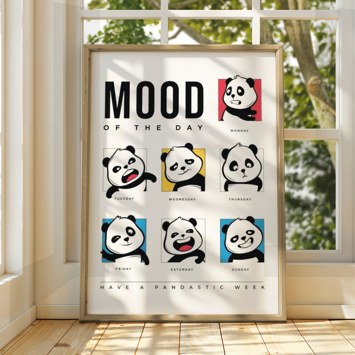 Panda Cartoon Poster, Mood of the Day Funny Wall Art, Days of the Week Print, Quirky Bedroom Decor — styled room mockup 3