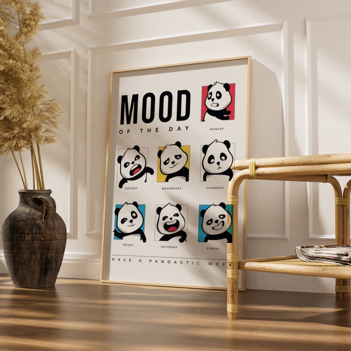Panda Cartoon Poster, Mood of the Day Funny Wall Art, Days of the Week Print, Quirky Bedroom Decor — styled room mockup 4