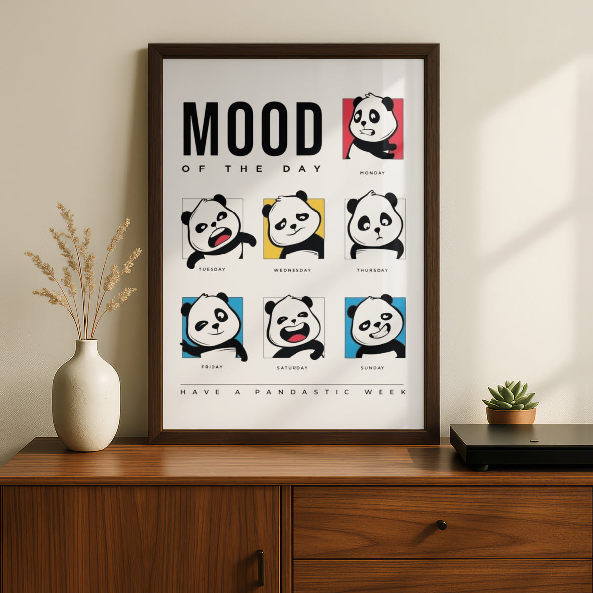 Panda Cartoon Poster, Mood of the Day Funny Wall Art, Days of the Week Print, Quirky Bedroom Decor — styled room mockup 5