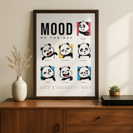Panda Cartoon Poster, Mood of the Day Funny Wall Art, Days of the Week Print, Quirky Bedroom Decor — styled room mockup 5
