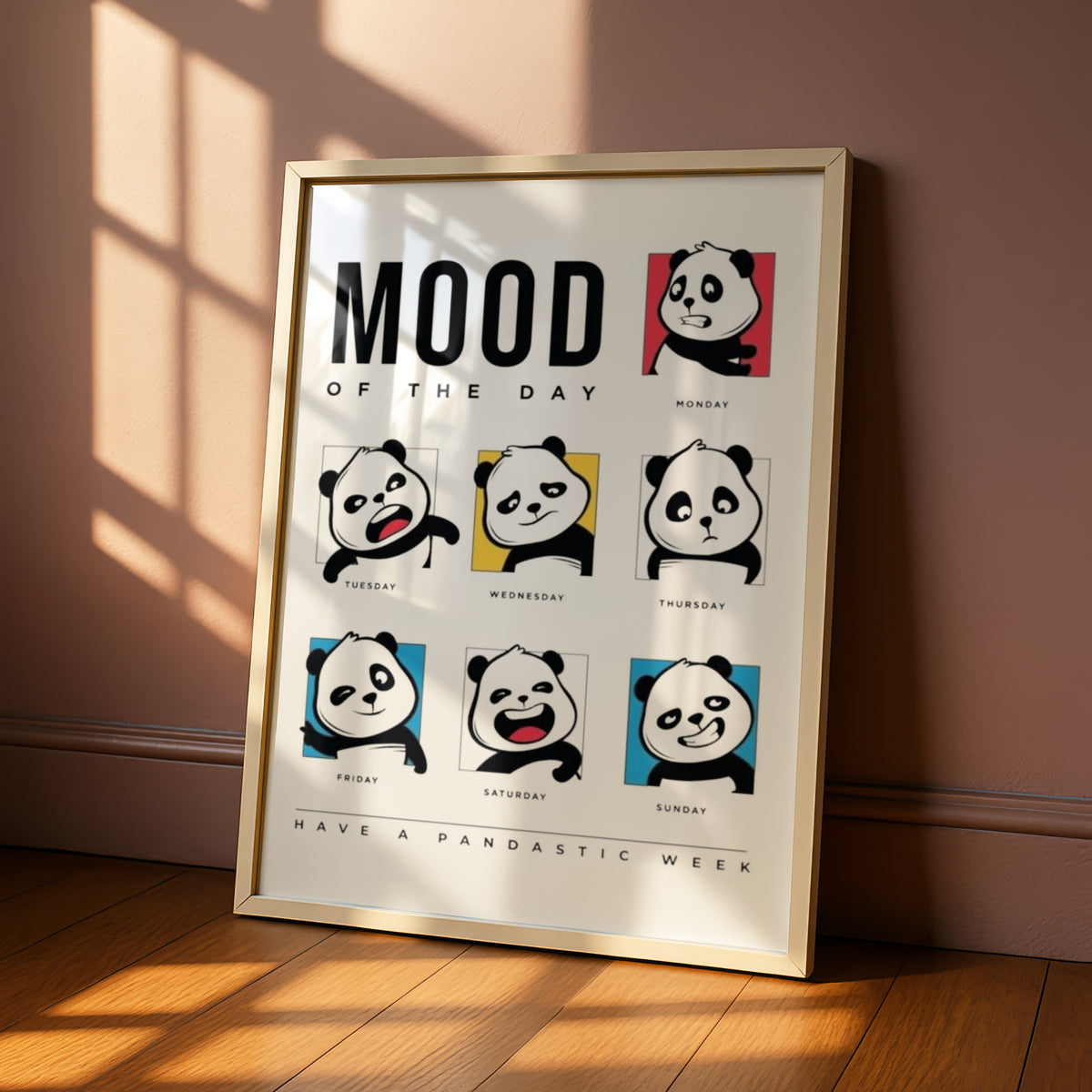 Panda Cartoon Poster, Mood of the Day Funny Wall Art, Days of the Week Print, Quirky Bedroom Decor — styled room mockup 6
