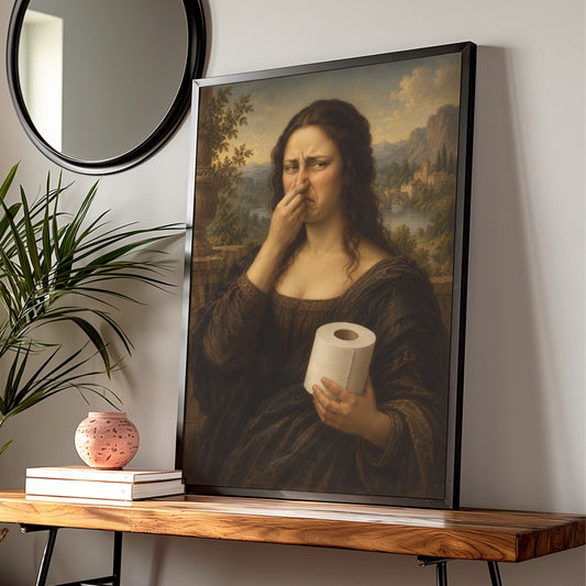 Funny Classical Portrait Print, Woman Holding Toilet Roll, Humorous Bathroom Wall Art Poster — Digital Download