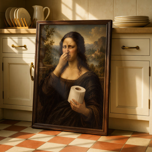 Funny Classical Portrait Print, Woman Holding Toilet Roll, Humorous Bathroom Wall Art Poster